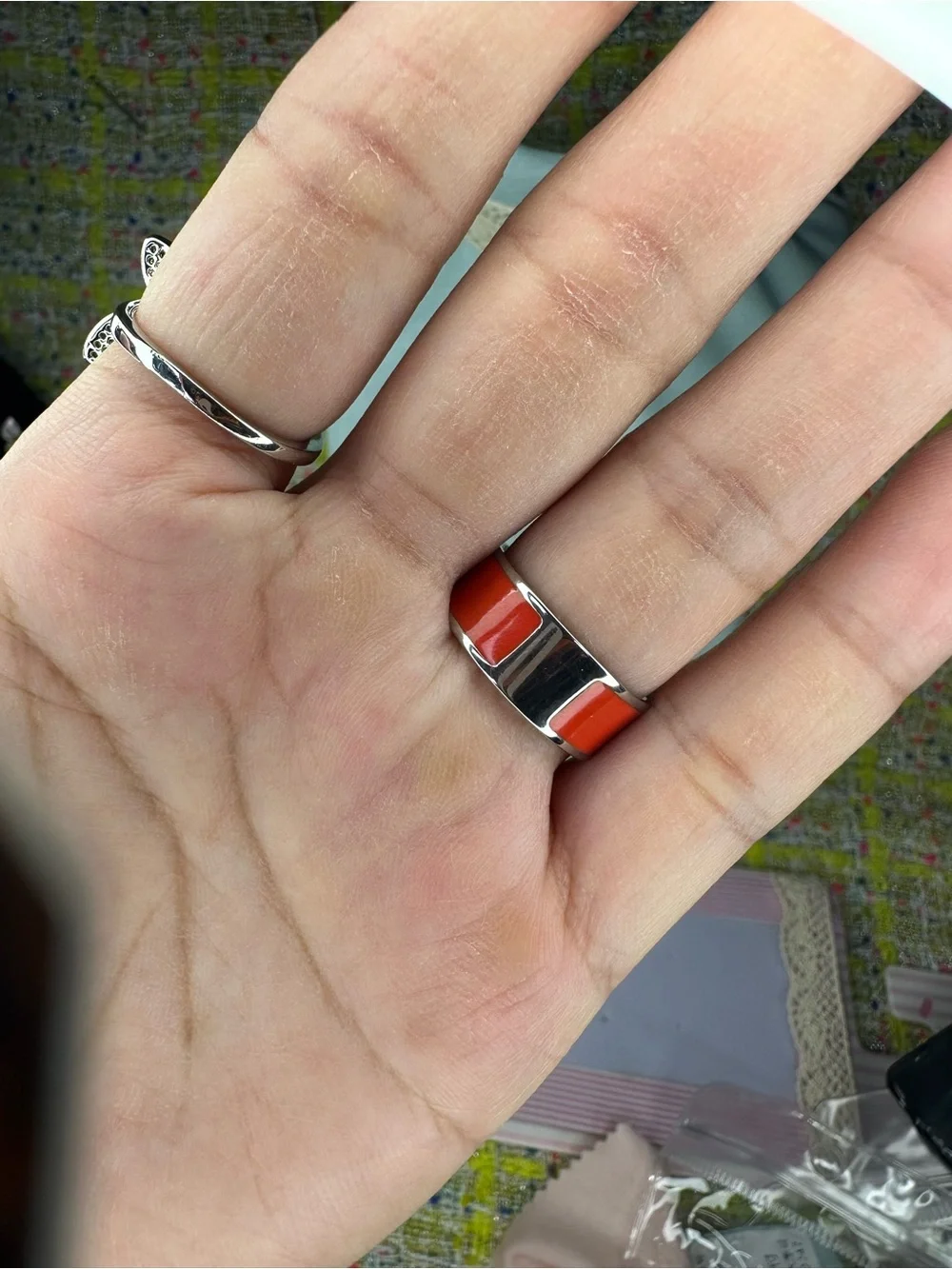 A great Silver-Tone Ring with Orange Enamel Inlay size 7